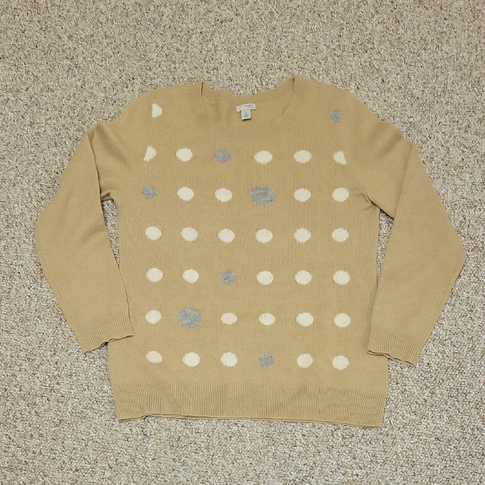 Halogen Cashmere Sweater Tan Grey White Dots medium grandma cottagecore cozy